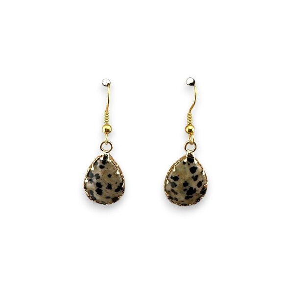 Dalmatian Jasper Teardrop Earrings Faceted Gemstone Gold Plated Ear Wires - Picture 5 of 9
